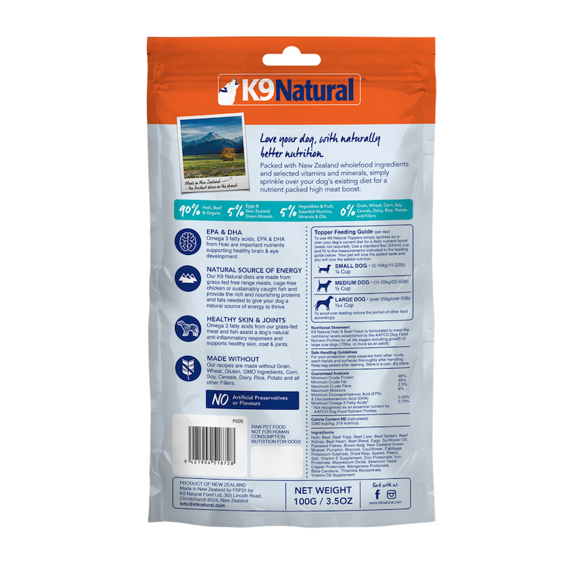 K9 Natural Grain-Free Freeze-Dried Dog Food Topper Hoki & Beef