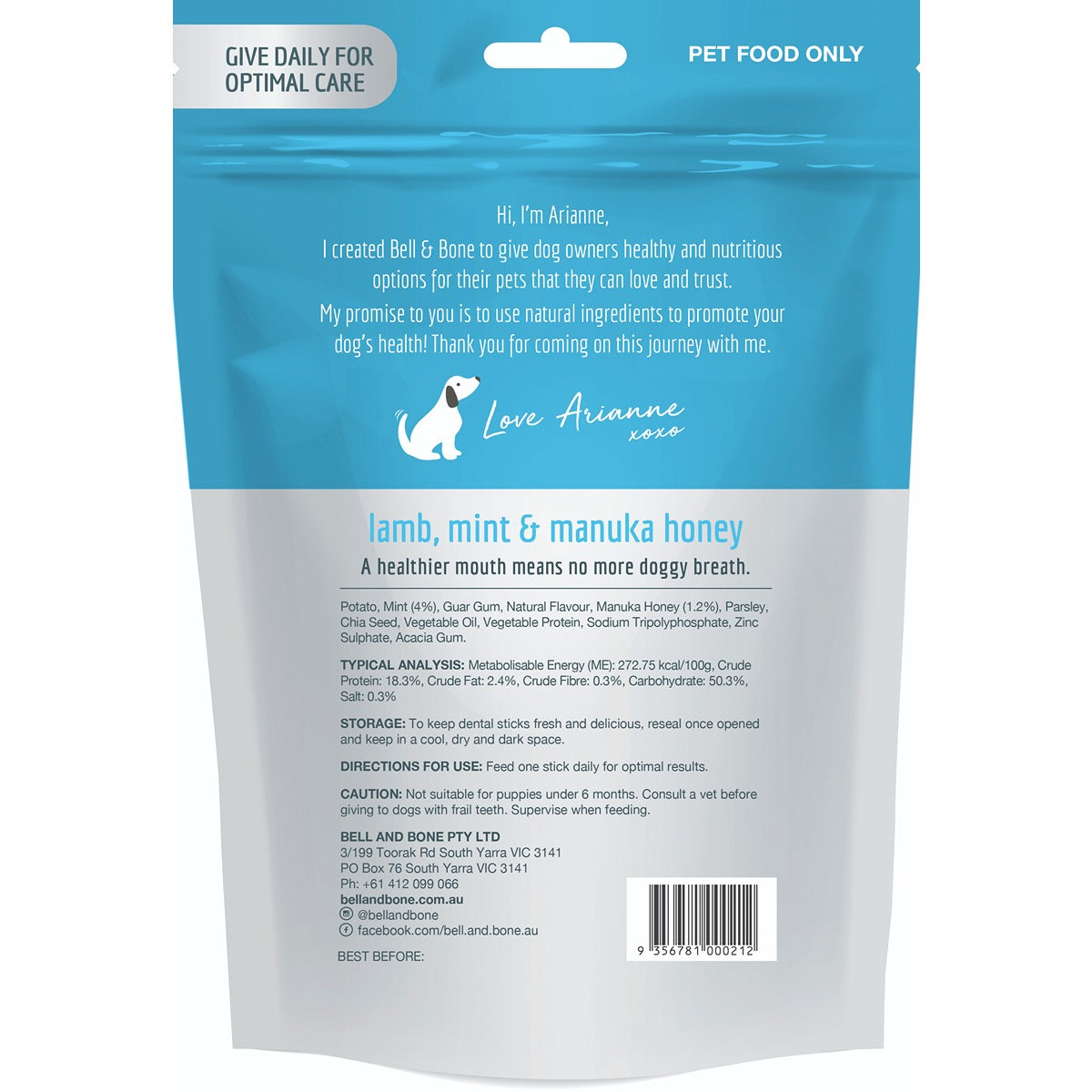 Bell and Bone Dental Stick Lamb Mint & Manuka Honey